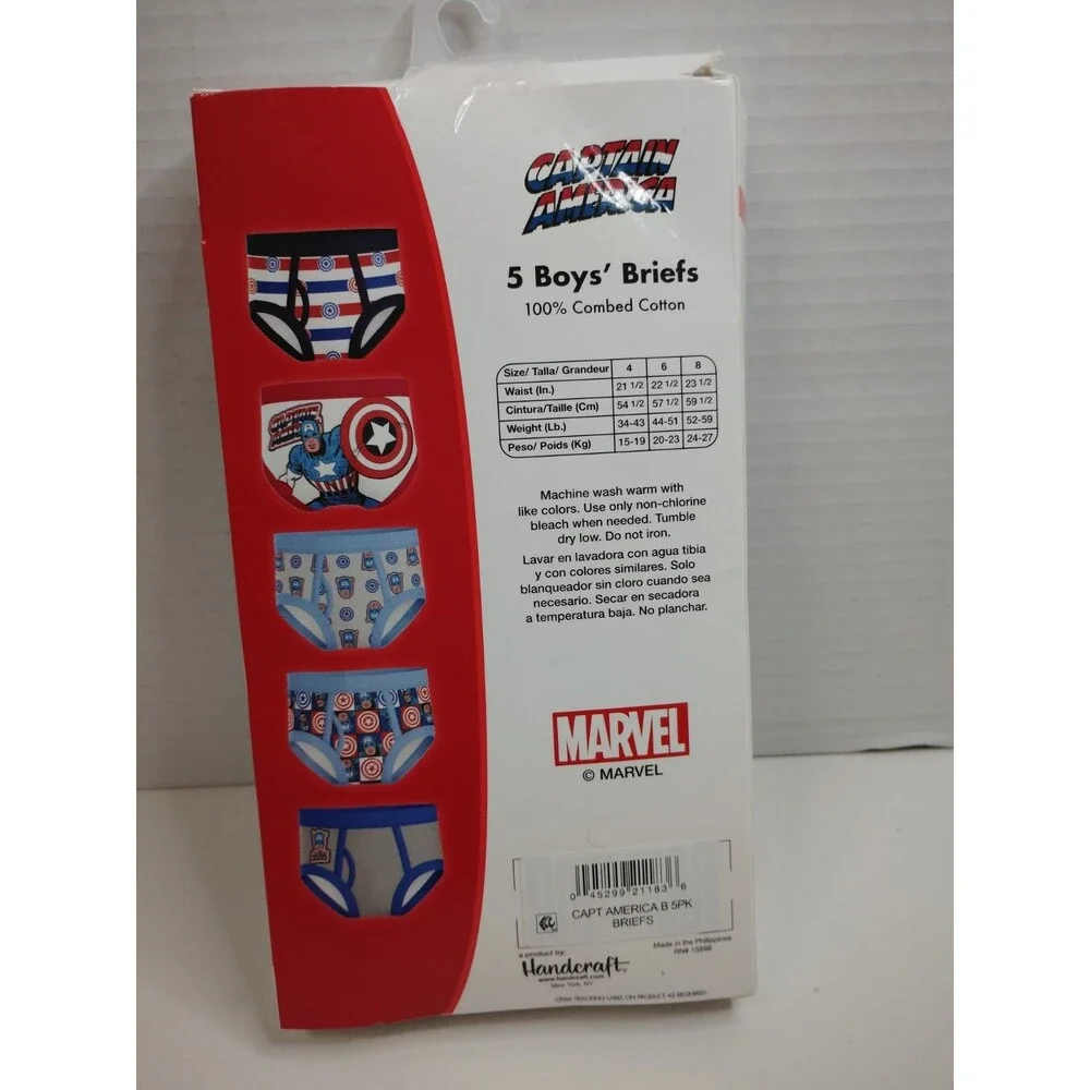 Marvel Captain America Boys Brief Underwear 5-Pack Size 4 100% Cotton Tagless